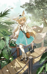 Rule 34 | 1girl, :o, absurdres, animal, animal ear fluff, aqua hairband, aqua skirt, arknights, basket, black cat, black footwear, blonde hair, bridge, cardigan, cat, chinese commentary, commentary request, day, flower, frilled hairband, frilled shirt, frilled socks, frills, full body, green eyes, hair between eyes, hairband, heixiu, highres, holding, holding basket, light particles, long hair, long sleeves, looking down, luo xiaohei, luo xiaohei zhanji, magic, multicolored hair, multiple tails, neck ribbon, open cardigan, open clothes, outdoors, pantyhose, parted lips, plant, red ribbon, ribbon, river, shirt, shoes, skirt, socks, socks over pantyhose, solo, standing, streaked hair, suzuran (arknights), suzuran (spring praise) (arknights), tail, tianzekongming, tree, watermark, weibo logo, weibo watermark, white cardigan, white flower, white hair, white pantyhose, white shirt, white socks, white tail