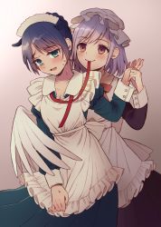 Rule 34 | 2girls, alternate costume, animal ears, apron, apron hold, arm up, behind another, blue dress, blue hair, blush, brown eyes, commentary request, cowboy shot, doremy sweet, dress, enmaided, gradient background, green eyes, hair bun, hat, head tilt, holding another&#039;s wrist, juliet sleeves, kishin sagume, light purple hair, long sleeves, looking at viewer, maid, maid headdress, mob cap, mouth hold, multiple girls, open mouth, puffy sleeves, purple background, ribbon, ribbon in mouth, short hair, single hair bun, single wing, smile, sweat, tapir ears, touhou, touya (konpekitou), wavy mouth, white headwear, wings, yuri