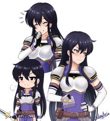 Rule 34 | 1girl, armor, ayra (fire emblem), belt, black hair, blush, box, breastplate, breasts, commentary, cslucaris, earrings, elbow gloves, embarrassed, expressions, closed eyes, fire emblem, fire emblem: genealogy of the holy war, fire emblem heroes, gift, gift box, gloves, holding, holding gift, holding sword, holding weapon, jewelry, laughing, long hair, looking at viewer, looking away, medium breasts, multiple views, nintendo, pauldrons, purple eyes, shoulder armor, shoulder pads, signature, simple background, smile, smug, sword, tsundere, weapon, white background, white gloves