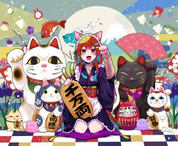 Rule 34 | 1girl, :3, absurdres, alternate costume, animal ears, apron, bell, black cat, black dress, blouse, blue eyes, branch, calico, cat, cat day, cat ears, cat girl, cat tail, checkered floor, closed eyes, cloud, coin, daruma doll, dress, eyebrows hidden by hair, fingernails, fish, flower, gold, gold coin, grass, highres, japanese clothes, koban (gold), layered sleeves, maid, maneki-neko, mount fuji, multiple cats, multiple tails, nail polish, neck bell, on floor, original, paw pose, paw print, pillow, red eyes, red hair, red nails, seigaiha, sharp fingernails, shirt, sitting, sitting on pillow, slit pupils, snow rabbit, ssm a u, striped clothes, striped shirt, tail, tassel, two tails, wa maid, whiskers, white cat, yellow eyes