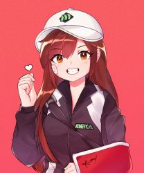 Rule 34 | 1girl, :d, acronym, arm sling, bad id, bad pixiv id, bandaid, bandaid on face, baseball cap, blush, breasts, broken arm, brown eyes, brown hair, clothes writing, d.va (overwatch), eyebrows, eyelashes, grin, hair between eyes, hand up, hat, heart, highres, hirusuhi, jacket, long hair, looking at viewer, open mouth, overwatch, overwatch 1, pink background, shooting star d.va, signature, simple background, smile, solo, upper body, white hat