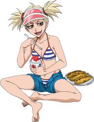 Rule 34 | 1girl, bare arms, bare legs, bare shoulders, barefoot, belly, bikini, bleach, bleach bankai battle, blonde hair, breasts, brown eyes, cleavage, collarbone, corn, eating, food, hat, ice cream, looking at viewer, midriff, navel, official art, open mouth, red headwear, sarugaki hiyori, scrunchie, short shorts, shorts, sitting, smile, spoon, striped bikini, striped clothes, swimsuit, twintails, unzipped