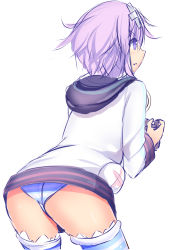Rule 34 | 1girl, ass, controller, d-pad, d-pad hair ornament, daiaru, focused, from behind, hair ornament, highres, holding, holding controller, hood, hooded jacket, jacket, leaning forward, neptune (neptunia), neptune (series), open mouth, panties, pantyshot, playing games, purple eyes, purple hair, short hair, simple background, solo, standing, striped clothes, striped thighhighs, thighhighs, thighs, underwear, upskirt, white background