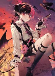 Rule 34 | 1boy, artist name, bandaid, bandaid on leg, barbell piercing, bat (animal), bat wings, black choker, black footwear, black gloves, black hair, black nails, black necktie, black shirt, black socks, blood, blood on clothes, blurry, blush, bow, brooch, chain, charm (object), choker, collared shirt, commentary, cross, cross earrings, cuts, demon boy, demon tail, depth of field, earrings, eita 789, evening, eyla (eita 789), fang, fingerless gloves, frills, gloves, grin, hand up, head wings, heart, high-waist shorts, highres, holding, holding knife, injury, jewelry, kneehighs, knife, kodona, latin cross, legwear garter, lolita fashion, long sleeves, looking at viewer, male focus, mole, mole under eye, multicolored hair, multiple piercings, multiple rings, nail art, nail polish, necktie, original, outdoors, piercing, pink bow, pink hair, pointy ears, pouch, red eyes, ribbon choker, ring, shirt, shorts, sitting, sleeves past wrists, smile, socks, split-color hair, stud earrings, suspender shorts, suspenders, tail, thigh strap, tombstone, trap, two-tone hair, white shirt, winged footwear, wings