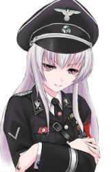 Rule 34 | 00s, 1girl, armband, bad id, bad pixiv id, black hat, breast pocket, buttoned cuffs, buttons, hat, highres, jacket, jewelry, military, military jacket, military uniform, nazi, party pin, pocket, red armband, ring, rozen maiden, skull, solo, suigintou, swastika, tiger monta, totenkopf, uniform, white hair
