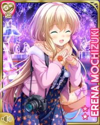 Rule 34 | 1girl, :d, blonde hair, blue dress, blush, braid, breasts, camera, card (medium), coat, cyberagent, dress, closed eyes, female focus, floral print, girlfriend (kari), green eyes, hair ribbon, ice sculpture, large breasts, long hair, mochizuki erena, night, official art, open mouth, orange sweater, outdoors, pink coat, qp:flapper, ribbon, shirt, smile, solo, standing, sweater, tagme, winter clothes, winter coat