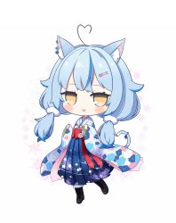Rule 34 | 1girl, ahoge, animal ear fluff, animal ears, black footwear, blue hair, blue hakama, blue kimono, blush, boots, brown eyes, cat ears, cat girl, cat tail, chibi, cocozasa, commentary request, cross-laced footwear, ear piercing, floral print, full body, fur-trimmed boots, fur trim, grey background, hair ornament, hairclip, hakama, hakama skirt, heart, heart ahoge, high heel boots, high heels, highres, hololive, japanese clothes, kemonomimi mode, kimono, lace-up boots, long hair, long sleeves, looking at viewer, low twintails, multicolored hair, parted lips, piercing, print hakama, print kimono, skirt, sleeves past wrists, snowflake background, solo, streaked hair, tail, twintails, very long hair, virtual youtuber, wide sleeves, yukihana lamy, yukihana lamy (new year)