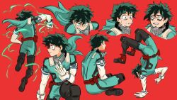 Rule 34 | 1boy, black footwear, bodysuit, boku no hero academia, boots, clenched teeth, closed mouth, commentary, crying, crying with eyes open, daniartonline, freckles, frown, full cowling (boku no hero academia), gloves, green bodysuit, green eyes, green hair, highres, hood, hood down, indian style, male focus, midoriya izuku, multiple views, red background, short hair, simple background, sitting, tears, teeth, white gloves