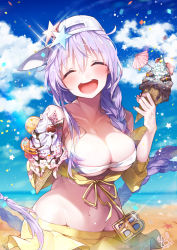 Rule 34 | 1girl, ^ ^, bb (fate), bb (fate) (all), bb (swimsuit mooncancer) (fate), bb (swimsuit mooncancer) (first ascension) (fate), beach, blue sky, blush, braid, breasts, character name, closed eyes, cloud, collarbone, day, fate/grand order, fate (series), food, hat, highres, ice cream, kanola u, large breasts, long hair, navel, ocean, open mouth, purple hair, single braid, sky, smile, solo, star (symbol), swimsuit, white hat