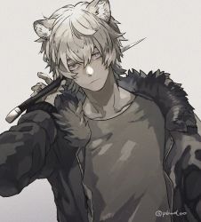 1boy animal_ear_fluff animal_ears arknights artist_request bear_boy bear_ears black_jacket grey_background grey_shirt holding holding_knife jacket jaye_(arknights) knife long_sleeves male_focus open_clothes open_jacket shirt short_hair silver_hair simple_background solo twitter_username upper_body