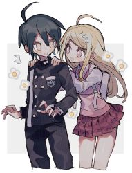 Rule 34 | 1boy, 1girl, :d, absurdres, ahoge, akamatsu kaede, backpack, bag, black hair, black jacket, black pants, blonde hair, blush, buttons, collared shirt, danganronpa (series), danganronpa v3: killing harmony, double-breasted, eighth note, floral print, fortissimo, gakuran, hair ornament, hands on another&#039;s shoulders, highres, jacket, long hair, looking at another, manaita no sake, miniskirt, musical note, musical note hair ornament, necktie, open mouth, pants, pink eyes, pink vest, pleated skirt, saihara shuichi, school uniform, shirt, short hair, skirt, smile, striped clothes, striped jacket, striped pants, vest