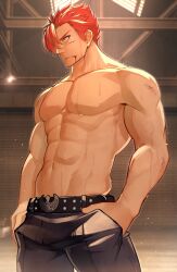Rule 34 | 1boy, abs, alternate costume, bara, blood, blood from mouth, casual, character request, cuts, expressionless, fate/grand order, fate (series), feet out of frame, garage, hands in pockets, hidora art, highres, injury, large pectorals, looking to the side, male focus, muscular, muscular male, nipples, pectorals, red hair, short hair, sideburns, solo, standing, stomach, sweat, swept bangs, topless male