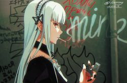 Rule 34 | 1girl, black dress, black nails, cigarette, cosplay, dress, earrings, gothic lolita, highres, iceroy, jewelry, lighter, lolita fashion, long hair, meme, nail polish, outdoors, profile, red eyes, rozen maiden, russian text, smoking, solo, suigintou, suigintou (cosplay), upper body, white hair