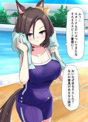 Rule 34 | 1girl, absurdres, air groove (umamusume), animal ears, blue eyes, blue one-piece swimsuit, blush, bow, breasts, brown hair, cleavage, clothing cutout, commentary, competition school swimsuit, ear bow, green towel, gryebooks, highres, holding, holding towel, horse ears, horse girl, horse tail, large breasts, looking at viewer, one-piece swimsuit, poolside, school swimsuit, short hair, single vertical stripe, solo, swimsuit, tail, tail through clothes, towel, tracen swimsuit, umamusume, wet, yellow bow