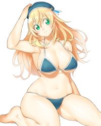 Rule 34 | 10s, 1girl, alternate costume, atago (kancolle), bikini, blonde hair, blue bikini, blush, breasts, cleavage, green eyes, hat, kantai collection, large breasts, long hair, looking at viewer, navel, onsoku inu, personification, simple background, smile, solo, swimsuit, white background