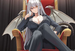 Rule 34 | 1girl, artist name, black curtains, black suit, blue eyes, bra, bra peek, breasts, bursting breasts, business suit, button gap, cleavage, commission, commissioner upload, crossed legs, curtains, dragon girl, dragon horns, dragon tail, dragon wings, formal, glaring, grey horns, grey tail, grey wings, hand on own cheek, hand on own face, hand rest, heterochromia, highres, horns, keenh, lace, lace-trimmed bra, lace trim, large breasts, long hair, looking at viewer, office lady, on chair, original, shaded face, sidelocks, signature, sitting, slit pupils, slouching, solo, spiked wings, suit, swept bangs, tail, throne, underwear, white bra, white hair, wings, yellow eyes