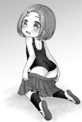 Rule 34 | 10s, 1girl, ass, black socks, black one-piece swimsuit, blush, child, full body, hair ornament, hairclip, highres, idolmaster, idolmaster cinderella girls, looking at viewer, looking back, monochrome, one-piece swimsuit, open mouth, raised eyebrow, ryuzaki kaoru, shoes, skirt, socks, solo, swimsuit, xenon (simlacurm)