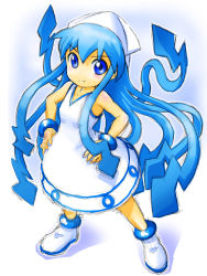 Rule 34 | blue eyes, blue hair, dress, hands on own hips, hat, highres, ikamusume, long hair, makkusu (pixiv), shinryaku! ikamusume, solo, tentacle hair