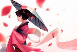 Rule 34 | 1girl, blurry, character name, chinese clothes, depth of field, disney, earrings, fa mulan (disney), from side, hair bun, hanfu, highres, jewelry, lipstick, makeup, mulan, oil-paper umbrella, petals, ponsu (ponzuxponzu), red lips, scarf, signature, single hair bun, sleeves past wrists, solo, umbrella, white scarf