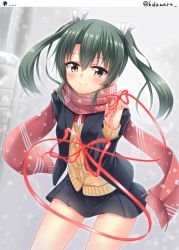 Rule 34 | 10s, 1girl, alternate costume, blazer, c:, contemporary, green hair, hino (2nd life), jacket, kantai collection, long hair, looking at viewer, pinky swear, pleated skirt, scarf, school uniform, grey eyes, skirt, smile, snowing, solo, string, string of fate, twintails, twitter username, zuikaku (kancolle)