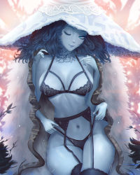 Rule 34 | 1girl, alternate breast size, aqua eyes, between breasts, black bra, black panties, black thighhighs, blue eyes, blue hair, blue skin, bra, breasts, cloak, coat, colored skin, commentary, cowboy shot, cracked skin, elden ring, english commentary, extra arms, eyelashes, fingernails, fur cloak, fur coat, garter belt, hands up, hat, hat ornament, head tilt, highres, lace, lace bra, light particles, lingerie, looking at viewer, mcdobo, medium hair, navel, one eye closed, panties, panty pull, pointing, ranni the witch, seductive smile, sitting, smile, solo, thighhighs, underwear, underwear only, white hat, witch hat