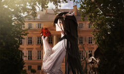Rule 34 | 1girl, black eyes, black hair, building, dress, eyebrows hidden by hair, flower, hair ornament, hairclip, highres, holding, holding flower, long hair, looking away, looking to the side, original, outdoors, sihana156, solo, tree, upper body, white dress
