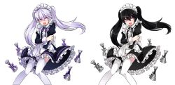 Rule 34 | 2girls, :o, add (elsword), alternate costume, april fools, apron, bell, black dress, black hair, covering privates, cropped legs, crossdressing, dress, dual persona, elsword, embarrassed, enmaided, frilled dress, frills, genderswap, genderswap (mtf), highres, hwansang, juliet sleeves, knees together feet apart, long hair, long sleeves, maid, multiple girls, official art, open mouth, puffy sleeves, purple eyes, silver hair, thighhighs, transparent background, twintails, white apron, white legwear, zettai ryouiki