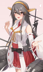 Rule 34 | 1girl, akahi242, bare shoulders, black hair, blush, brown eyes, cowboy shot, detached sleeves, hair between eyes, hair ornament, hairband, hairclip, haruna (kancolle), haruna kai ni (kancolle), headgear, highres, japanese clothes, kantai collection, long hair, machinery, nontraditional miko, pleated skirt, red skirt, ribbon-trimmed sleeves, ribbon trim, rigging, skirt, smile, solo, turret, white sleeves, wide sleeves