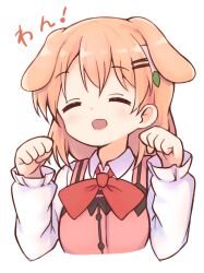Rule 34 | 1girl, animal ears, blush, bow, bowtie, breasts, buttons, clenched hands, closed eyes, collared shirt, commentary request, dog ears, dress shirt, facing viewer, gochuumon wa usagi desu ka?, hair ornament, hairclip, highres, hoto cocoa, long sleeves, medium hair, open mouth, orange hair, paw pose, pink vest, rabbit house uniform, red bow, red bowtie, shirt, simple background, small breasts, smile, solo, upper body, vest, white background, yaplus
