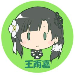 Rule 34 | 1girl, assault lily, black hair, blush, chibi, commentary request, flower, green background, green eyes, hair flower, hair ornament, masaki itsuki, portrait, round image, smile, solo, translation request, transparent background, wang yujia