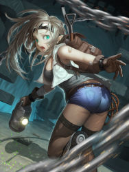 Rule 34 | 1girl, ass, backpack, bag, banajune, bandaged arm, bandages, bandaid, bandaid on face, belt, black thighhighs, boots, brown gloves, brown hair, chain, commentary request, cropped jacket, denim, denim shorts, elf, from behind, gloves, goggles, goggles on head, green eyes, holding, jacket, lantern, leaning forward, leg up, long hair, looking back, motion blur, open mouth, original, outstretched arms, pointy ears, rope, running, short shorts, shorts, sleeveless, sleeveless jacket, solo, tank top, thighhighs, tools, torn clothes, torn thighhighs, white jacket