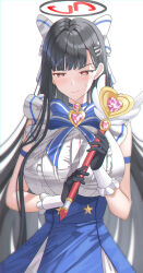 Rule 34 | 1girl, absurdres, alternate costume, black gloves, black hair, blue archive, blue bow, blue bowtie, blue dress, blush, bow, bowtie, breasts, bright pupils, cosplay, dress, gloves, hair bow, hair ornament, hairclip, halo, highres, holding, holding wand, large breasts, long hair, magical girl, red eyes, rio (blue archive), solo, sweatdrop, sysen, wand, white pupils