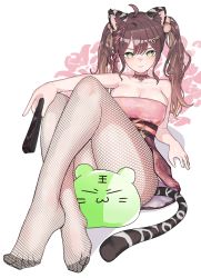 Rule 34 | 1girl, absurdres, alternate costume, animal ears, blush, breasts, brown hair, chinese zodiac, choker, cleavage, collarbone, dress, fishnets, foot focus, foreshortening, fortissimo, green eyes, hair ornament, hand fan, highres, holding, holding fan, kemonomimi mode, medium breasts, miori celesta, mogu (miori celesta), musical note, musical note hair ornament, pantyhose, pink dress, red choker, sitting, slime (creature), solo, tail, tak376, tiger ears, tiger tail, treble clef, tsunderia, twintails, virtual youtuber, year of the tiger