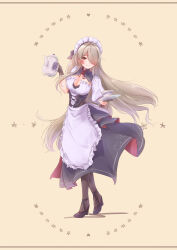 Rule 34 | apron, breasts, brown hair, cleavage cutout, clothing cutout, cup, elbow gloves, floating hair, full body, gloves, hair between eyes, hair over one eye, high heels, highres, holding, holding plate, holding teapot, honkai (series), honkai impact 3rd, large breasts, long hair, maid, maid apron, maid headdress, parted bangs, plate, red eyes, rita rossweisse, sidelocks, simple background, smile, teacup, teapot, yuuki moka