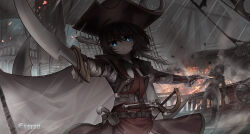 Rule 34 | 1girl, 1other, absurdres, anchor, antique firearm, belt, belt buckle, black headwear, blue eyes, bright pupils, buckle, cannon, closed mouth, coat, dark, explosion, fence, firearm, firelock, firing, flintlock, gun, hat, highres, holding, holding gun, holding sword, holding weapon, holstered, limited palette, looking at viewer, multiple weapons, murasa minamitsu, neckerchief, pirate hat, pointing sword, rain, red neckerchief, rope, sailor, sailor collar, sailor hat, sailor shirt, sheath, sheathed, ship, shirt, short hair, signature, solo focus, standing, standing on one leg, storm, strap, sword, top-exerou, touhou, watercraft, watermark, weapon, white pupils, white shirt, wooden fence