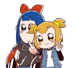 Rule 34 | 10s, 2girls, :3, biker clothes, blonde hair, blue eyes, blue hair, blunt bangs, blush stickers, bow, hair bow, helmet, inkerton-kun, jacket, leather, leather jacket, middle finger, motorcycle helmet, multiple girls, pipimi, poptepipic, popuko, simple background, two side up, upper body, v, white background, yellow eyes