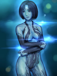Rule 34 | 1girl, animification, backlighting, blue eyes, blue hair, blue skin, blue theme, bodysuit, breasts, cleavage, colored skin, contrapposto, cortana, cowboy shot, crossed arms, halo (game), halo (series), hdfm, highres, hologram, matching hair/eyes, short hair, solo, standing