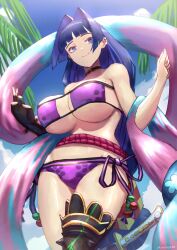 Rule 34 | 1girl, absurdres, armlet, armor, bare shoulders, beach, belt, bikini, blue eyes, blue hair, breasts, closed eyes, closed mouth, collar, collarbone, cosplay, covered erect nipples, cropped legs, elbow gloves, erasorpepero, eyepatch bikini, fate/grand order, fate (series), fingerless gloves, gloves, highres, hololive, hololive english, large breasts, lips, long hair, looking at viewer, low-tied long hair, minamoto no raikou (fate), minamoto no raikou (fate) (cosplay), minamoto no raikou (fate/grand order), minamoto no raikou (swimsuit lancer) (fate), minamoto no raikou (swimsuit lancer) (fate) (cosplay), minamoto no raikou (swimsuit lancer) (third ascension) (fate), navel, ouro kronii, parted bangs, purple bikini, summer, swimsuit, virtual youtuber