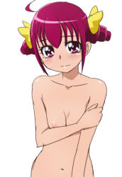 Rule 34 | 10s, 1girl, ahoge, breasts, cone hair bun, covering privates, covering breasts, double bun, hair bun, hoshizora miyuki, looking at viewer, nipples, nude, oimanji, pink eyes, pink hair, precure, short hair, simple background, small breasts, smile precure!, solo, white background