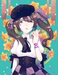 Rule 34 | 1girl, absurdres, ascot, black ascot, black hat, black skirt, blue background, breasts, brown eyes, brown hair, cabbie hat, cellphone, checkered clothes, checkered skirt, collared shirt, daffodil, flower, hat, highres, himekaidou hatate, long hair, medium breasts, phone, puffy short sleeves, puffy sleeves, purple skirt, shirt, short sleeves, skirt, solo, tongue, tongue out, toraneko 2, touhou, twintails, white shirt