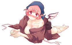 Rule 34 | 1girl, :o, animal ears, ass, bare legs, barefoot, blush, breasts, collarbone, commentary request, head scarf, japanese clothes, large breasts, looking at viewer, lying, magenta eyes, mystia lorelei, no bra, non (z-art), okamisty, on stomach, one-hour drawing challenge, open clothes, open mouth, panties, panty pull, pink hair, ribbon, sash, simple background, touhou, underwear, untied, white background, wings