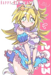 Rule 34 | 1girl, 2023, alternate costume, animal ears, apron, blonde hair, blue dress, blush stickers, bow, breasts, cleavage, dark magician girl, dress, duel monster, fake animal ears, fake tail, flying sweatdrops, green eyes, hair between eyes, high heels, highres, leg up, long hair, looking at viewer, maid apron, medium breasts, misaka (missa), pink background, rabbit ears, rabbit tail, short dress, solo, tail, two-tone background, white background, white footwear, wrist bow, yellow bow, yu-gi-oh!