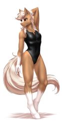 Rule 34 | 1girl, absurdres, blonde hair, breasts, brown eyes, brown fur, epona, female focus, furry, furry female, highres, hooves, horse, long hair, medium breasts, mykegreywolf, nintendo, one-piece swimsuit, simple background, solo, standing, swimsuit, tail, the legend of zelda, two-tone fur, unzipped, white background, white fur, zipper