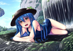 Rule 34 | 1girl, absurdres, bare shoulders, blue hair, blush, brown eyes, cloud, collarbone, day, food, fruit, h kasei, hat, highres, hinanawi tenshi, long hair, looking at viewer, lying, on stomach, open mouth, peach, red eyes, revision, school swimsuit, sky, smile, solo, swimsuit, touhou, water, waterfall, wet