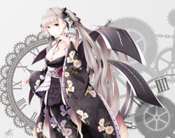 Rule 34 | 1girl, absurdres, azur lane, bare shoulders, between breasts, black kimono, black nails, blush, breasts, cleavage, earrings, flight deck, floral print, formidable (azur lane), frills, fudo shin, grey hair, hair ornament, hair ribbon, hand up, highres, japanese clothes, jewelry, kimono, large breasts, long hair, long sleeves, looking at viewer, nail polish, red eyes, ribbon, solo, twintails, wide sleeves