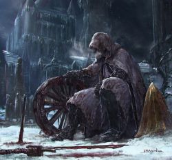 Rule 34 | 1boy, blood, blood on snow, bloodborne, bloody weapon, blurry, boots, breath, building, cloak, cold, cone, courtyard, depth of field, dragonizm, full body, hidden face, icicle, ivy, male focus, night, signature, sitting, snow, solo, statue, sword, weapon, wheel