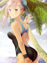 Rule 34 | 1girl, asymmetrical hair, bad id, bad pixiv id, black one-piece swimsuit, black ribbon, blue eyes, breasts, closed mouth, competition swimsuit, day, fate/grand order, fate (series), hair between eyes, hair bun, hair ribbon, highres, k harris, long hair, looking at viewer, medium breasts, miyamoto musashi (fate), miyamoto musashi (fate/grand order), miyamoto musashi (swimsuit berserker) (fate), miyamoto musashi (swimsuit berserker) (first ascension) (fate), ocean, one-piece swimsuit, outdoors, palm tree, ribbon, side ponytail, silver hair, single hair bun, smile, solo, standing, striped ribbon, swimsuit, tree, wristband