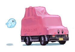 Rule 34 | car, car mouth, ghost kirby, hungry clicker, kirby, kirby (series), kirby and the forgotten land, motor vehicle, mouthful mode, nintendo, no humans, shadow, simple background, white background