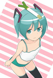 Rule 34 | 1girl, alternate hair length, alternate hairstyle, aqua eyes, aqua hair, bad id, bad pixiv id, child, from above, frown, hatsune miku, looking up, object on head, short hair, sitting, solo, spring onion, tamakorogashi, tank top, thighhighs, twintails, vocaloid