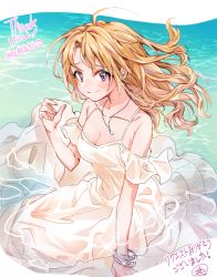 Rule 34 | 1girl, bare shoulders, blonde hair, blush, bracelet, breasts, cleavage, closed mouth, collarbone, dress, earrings, fingernails, furrowed brow, glint, hand up, idolmaster, idolmaster cinderella girls, jewelry, kakitsubata zero, kiryu tsukasa (idolmaster), long hair, looking at viewer, medium breasts, necklace, partially submerged, purple eyes, smile, solo, sparkle, thank you, water, white dress
